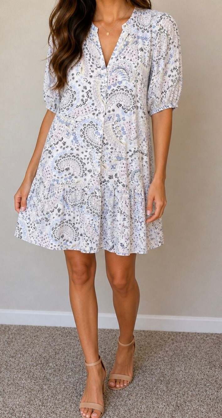 LOFT Paisley Button Front Tiered Mini Dress Size XS